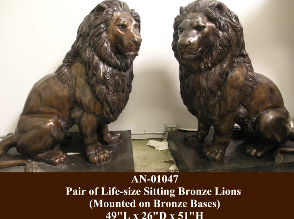 Pair of Life-size Sitting Bronze Lions - Click Image to Close